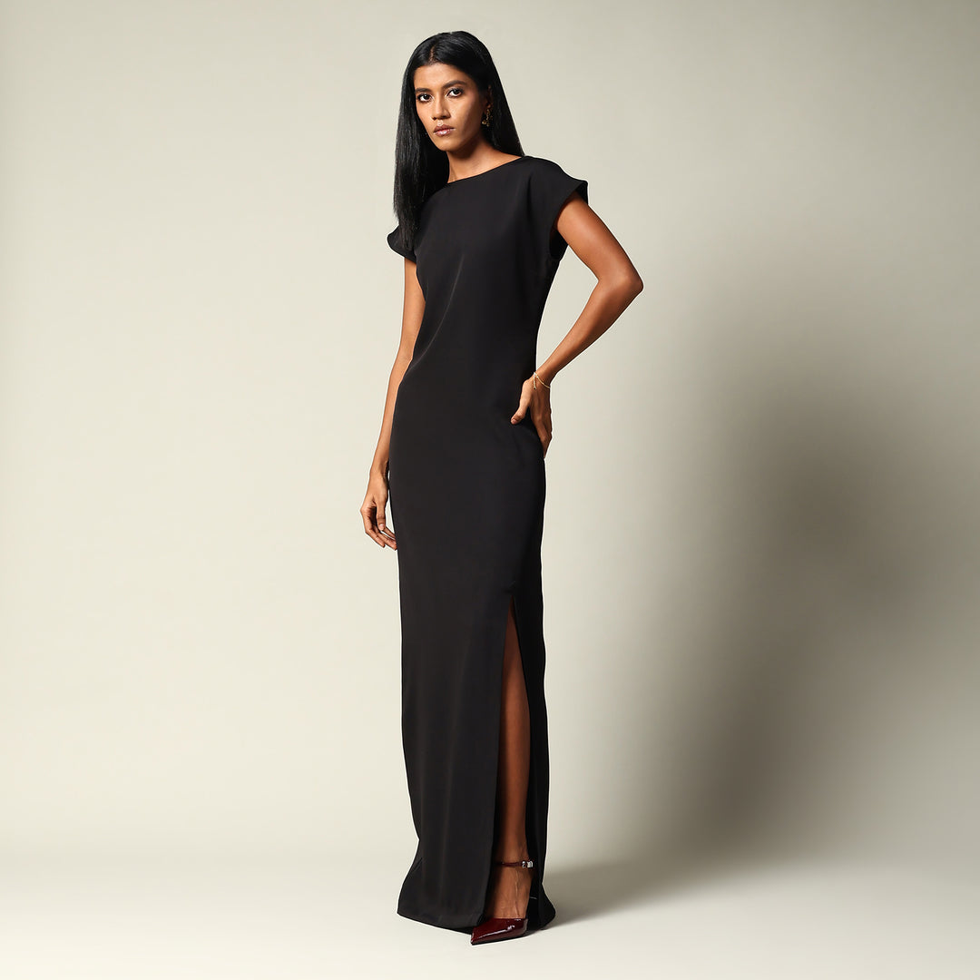 FLOOR LENGTH DRESS WITH DROP SHOULDERS AND SLIT IN LEFT LEG WITH JEWEL AT BACK NECK