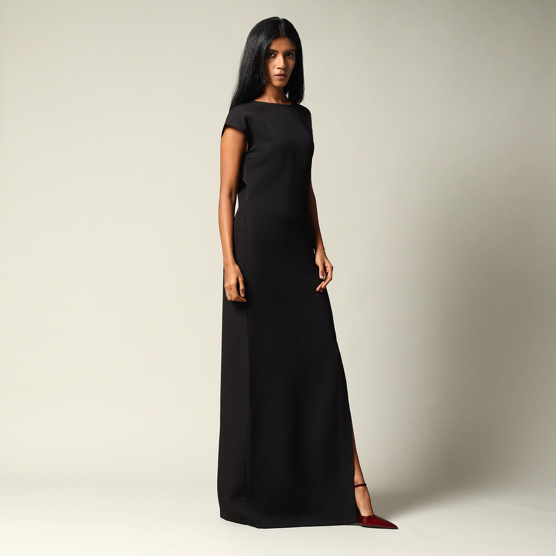 FLOOR LENGTH DRESS WITH DROP SHOULDERS AND SLIT IN LEFT LEG WITH JEWEL AT BACK NECK