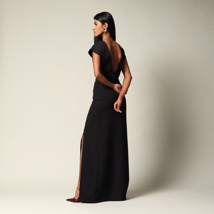 FLOOR LENGTH DRESS WITH DROP SHOULDERS AND SLIT IN LEFT LEG WITH JEWEL AT BACK NECK