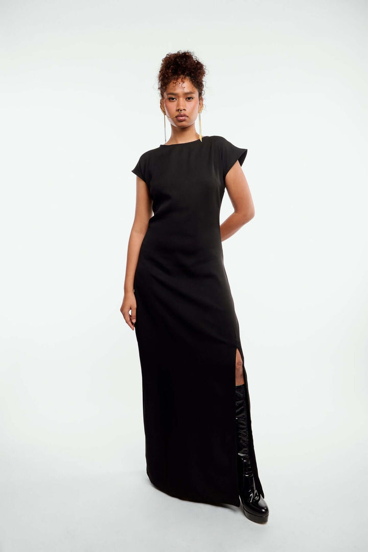 Black Dress with Drop Shoulders - Shopbiaa