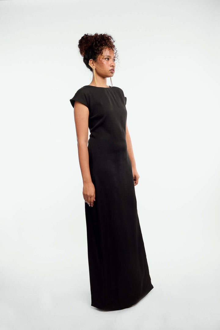 Black Dress with Drop Shoulders - Shopbiaa