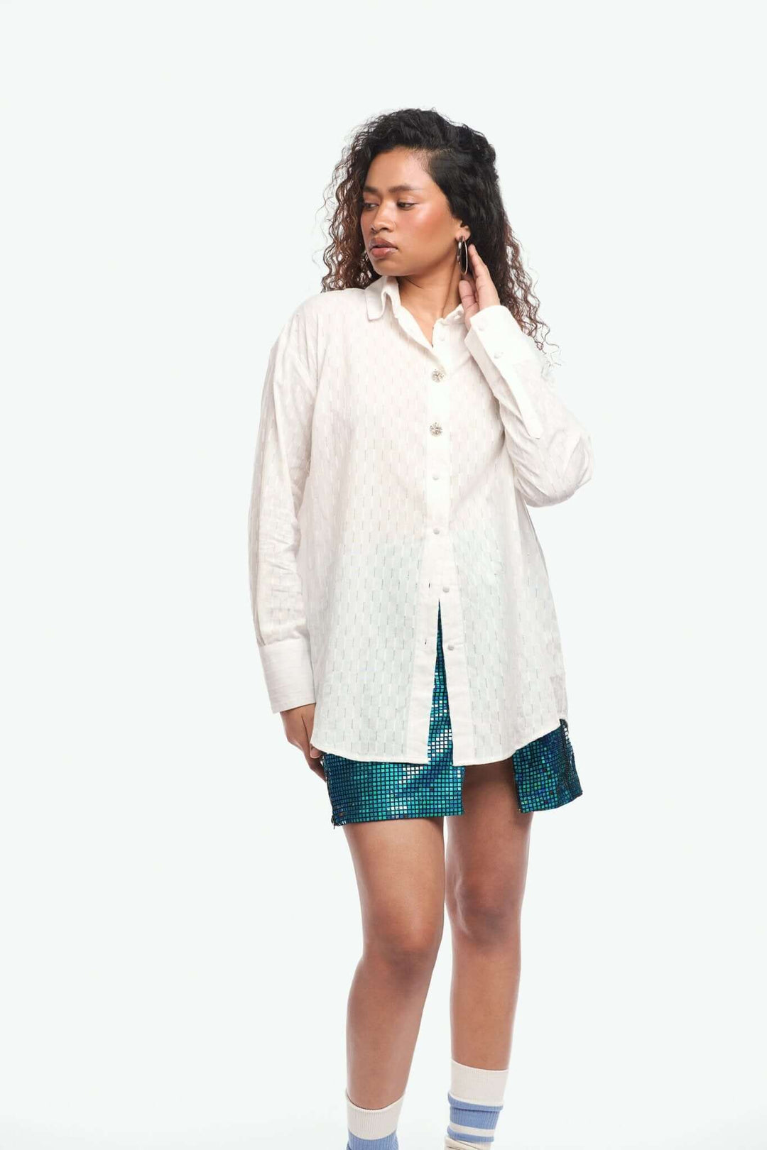 Oversized Cotton Shirt with Emb buttons - Shopbiaa
