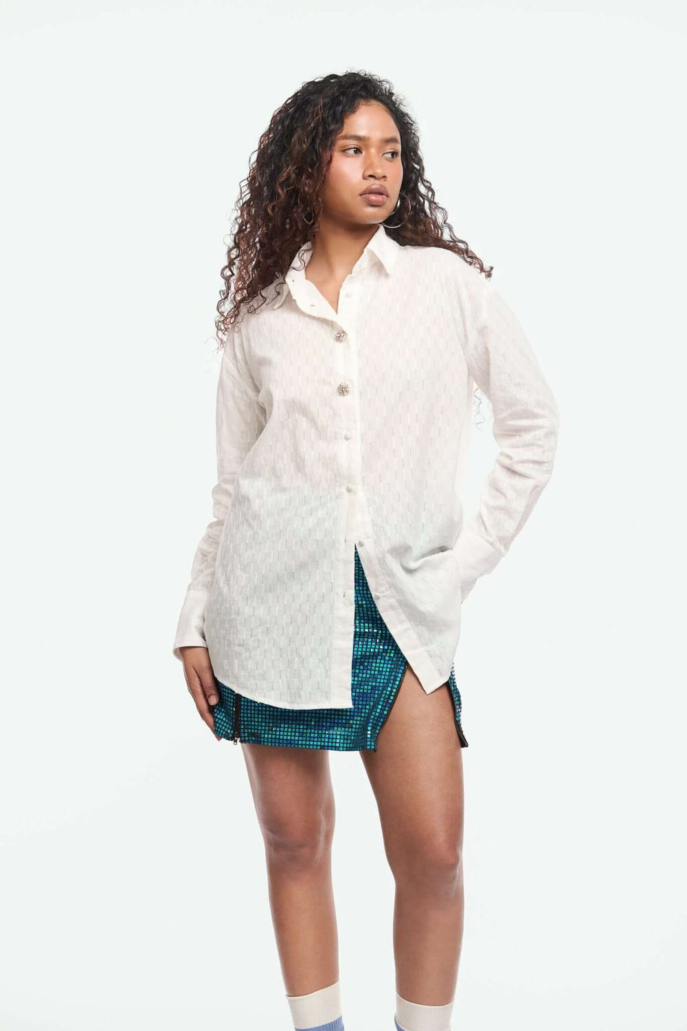 Oversized Cotton Shirt with Emb buttons - Shopbiaa